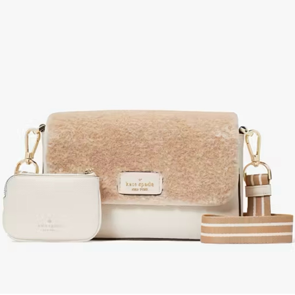 NWT Kate Spade Rosie Faux Shearling Flap Crossbody Purse Tan Beige Nude